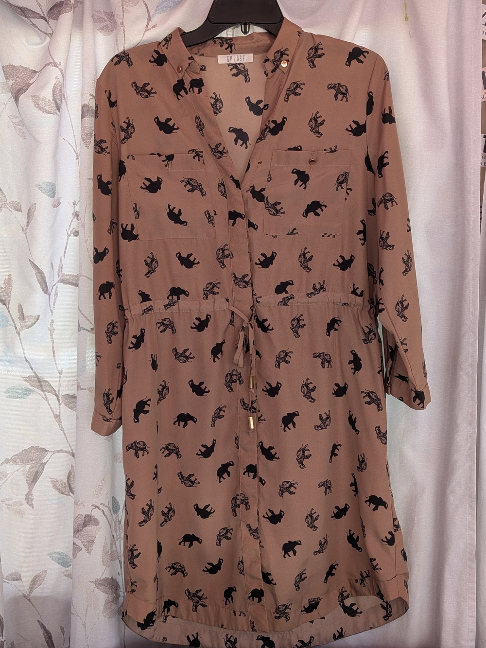 Brown Elephant-Print Tie-Waist Shirt Dress